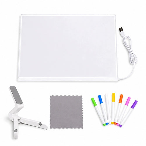Zawartość zestawu: tablica, podstawka, markery, ściereczka, kabel USB